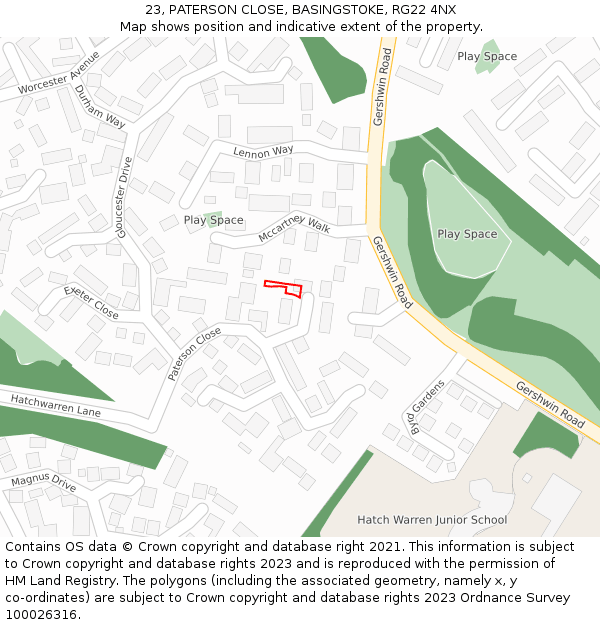 23, PATERSON CLOSE, BASINGSTOKE, RG22 4NX: Location map and indicative extent of plot