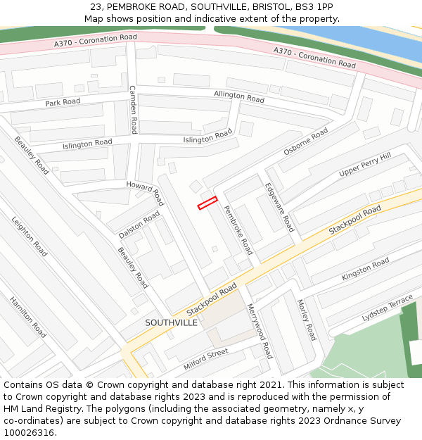 23, PEMBROKE ROAD, SOUTHVILLE, BRISTOL, BS3 1PP: Location map and indicative extent of plot