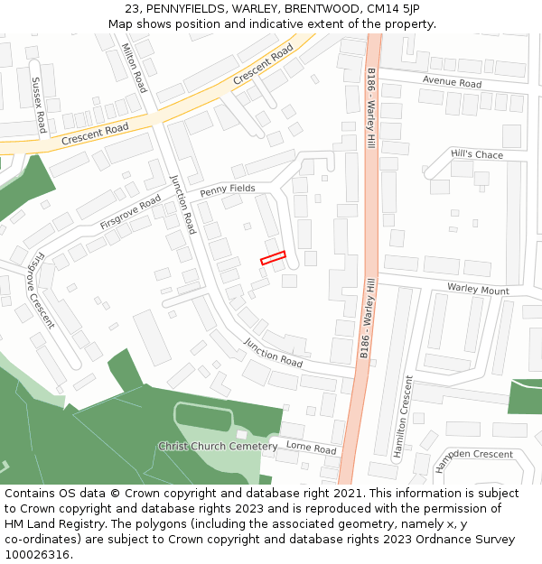 23, PENNYFIELDS, WARLEY, BRENTWOOD, CM14 5JP: Location map and indicative extent of plot