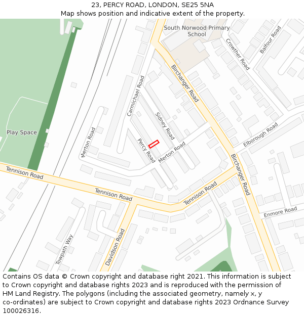 23, PERCY ROAD, LONDON, SE25 5NA: Location map and indicative extent of plot