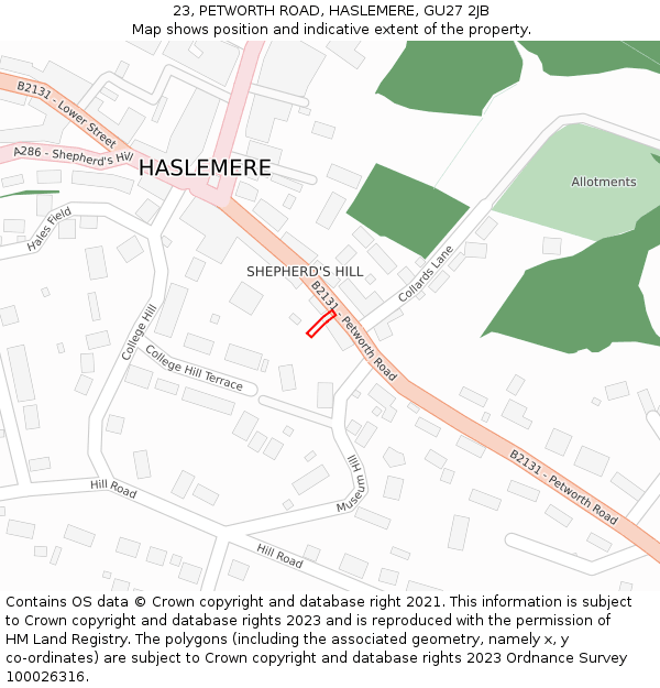 23, PETWORTH ROAD, HASLEMERE, GU27 2JB: Location map and indicative extent of plot