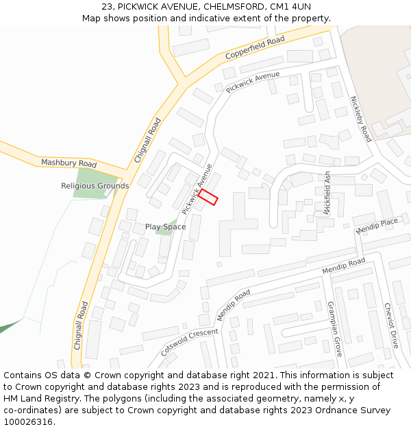 23, PICKWICK AVENUE, CHELMSFORD, CM1 4UN: Location map and indicative extent of plot