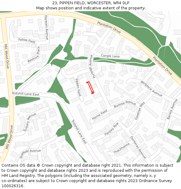 23, PIPPEN FIELD, WORCESTER, WR4 0LP: Location map and indicative extent of plot
