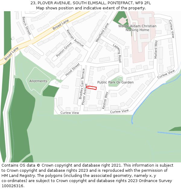 23, PLOVER AVENUE, SOUTH ELMSALL, PONTEFRACT, WF9 2FL: Location map and indicative extent of plot