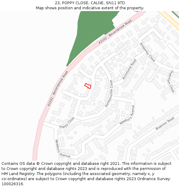 23, POPPY CLOSE, CALNE, SN11 9TD: Location map and indicative extent of plot