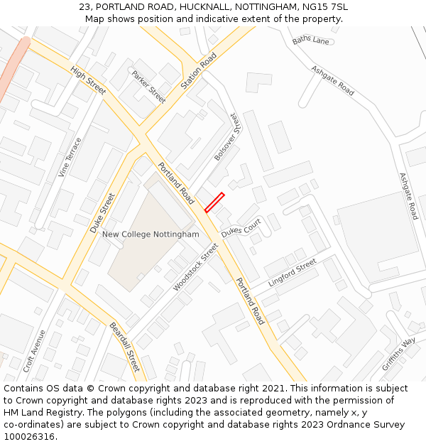 23, PORTLAND ROAD, HUCKNALL, NOTTINGHAM, NG15 7SL: Location map and indicative extent of plot