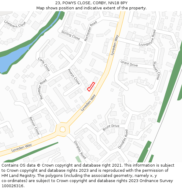 23, POWYS CLOSE, CORBY, NN18 8PY: Location map and indicative extent of plot