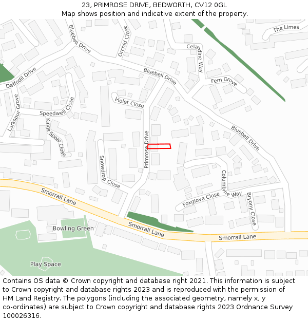 23, PRIMROSE DRIVE, BEDWORTH, CV12 0GL: Location map and indicative extent of plot