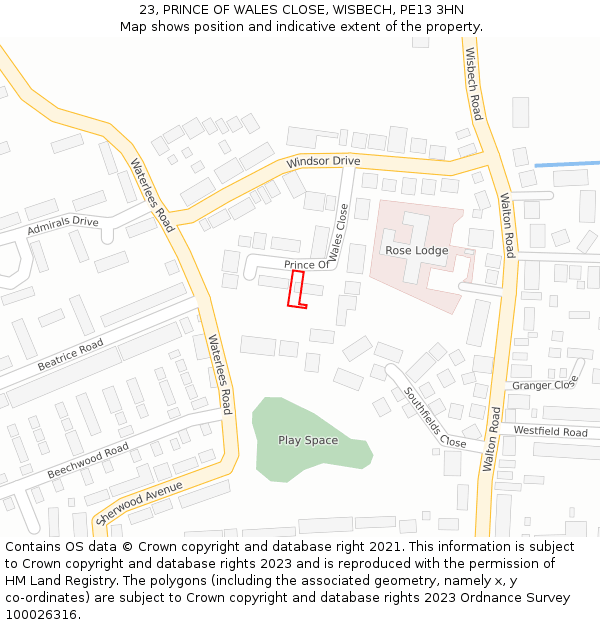 23, PRINCE OF WALES CLOSE, WISBECH, PE13 3HN: Location map and indicative extent of plot