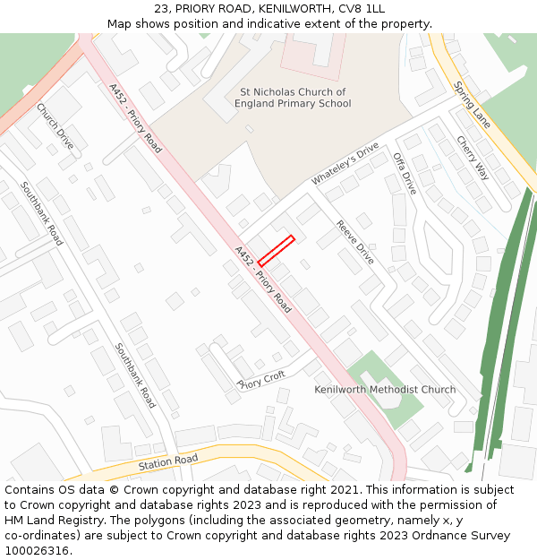 23, PRIORY ROAD, KENILWORTH, CV8 1LL: Location map and indicative extent of plot