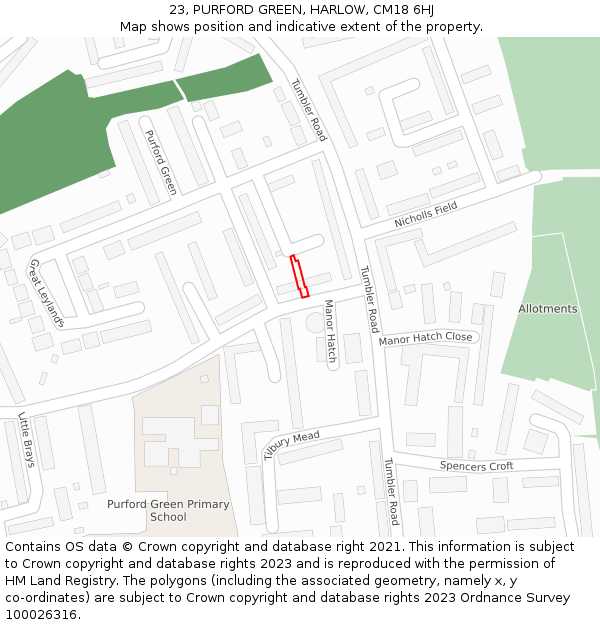 23, PURFORD GREEN, HARLOW, CM18 6HJ: Location map and indicative extent of plot