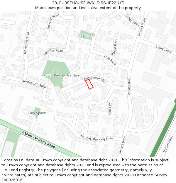 23, PURSEHOUSE WAY, DISS, IP22 4YD: Location map and indicative extent of plot