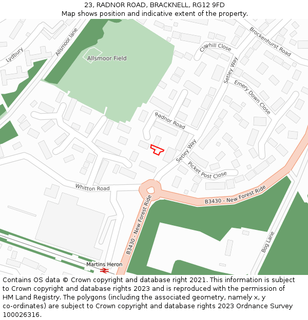 23, RADNOR ROAD, BRACKNELL, RG12 9FD: Location map and indicative extent of plot