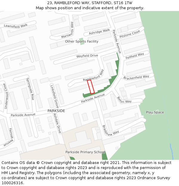 23, RAMBLEFORD WAY, STAFFORD, ST16 1TW: Location map and indicative extent of plot