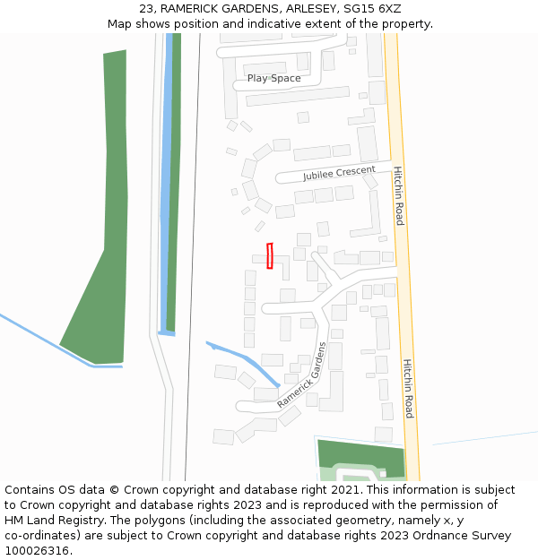 23, RAMERICK GARDENS, ARLESEY, SG15 6XZ: Location map and indicative extent of plot