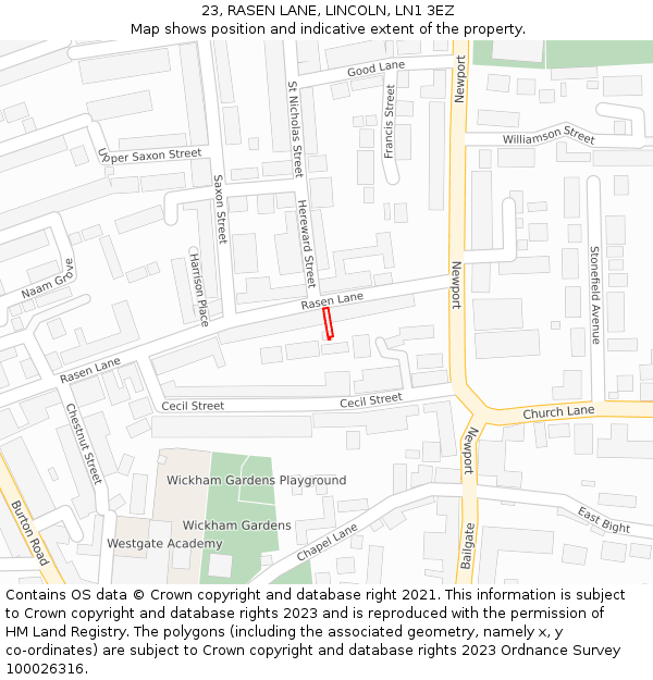 23, RASEN LANE, LINCOLN, LN1 3EZ: Location map and indicative extent of plot