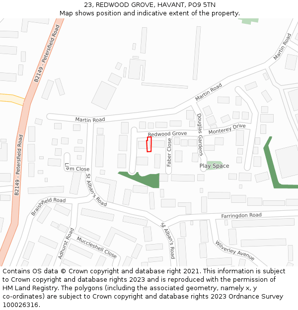 23, REDWOOD GROVE, HAVANT, PO9 5TN: Location map and indicative extent of plot
