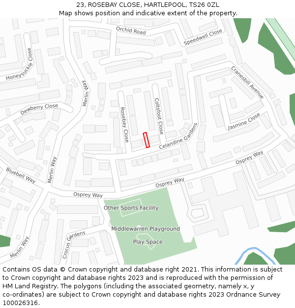 23, ROSEBAY CLOSE, HARTLEPOOL, TS26 0ZL: Location map and indicative extent of plot
