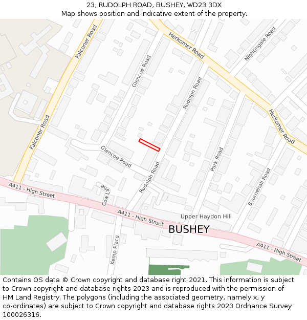 23, RUDOLPH ROAD, BUSHEY, WD23 3DX: Location map and indicative extent of plot