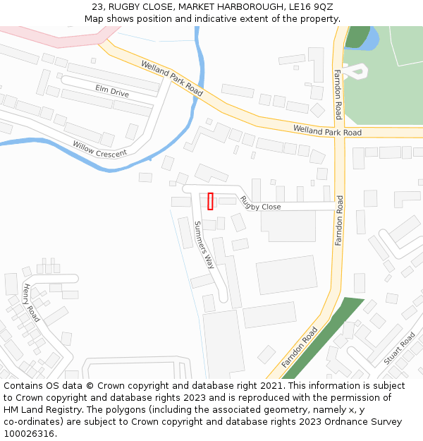 23, RUGBY CLOSE, MARKET HARBOROUGH, LE16 9QZ: Location map and indicative extent of plot