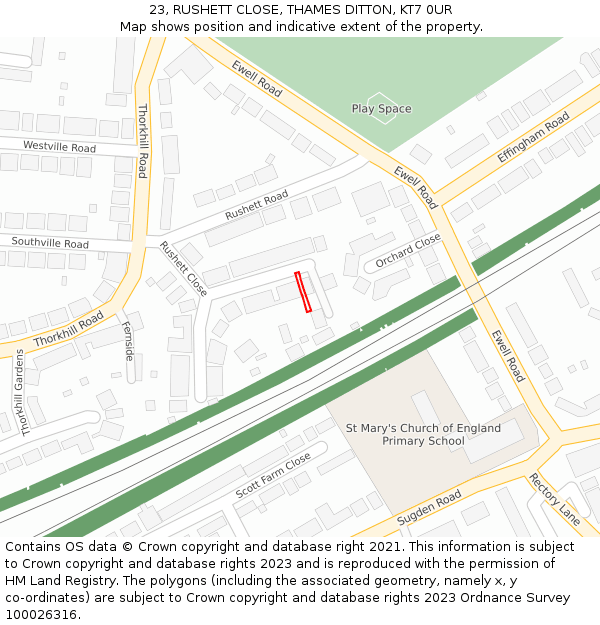 23, RUSHETT CLOSE, THAMES DITTON, KT7 0UR: Location map and indicative extent of plot
