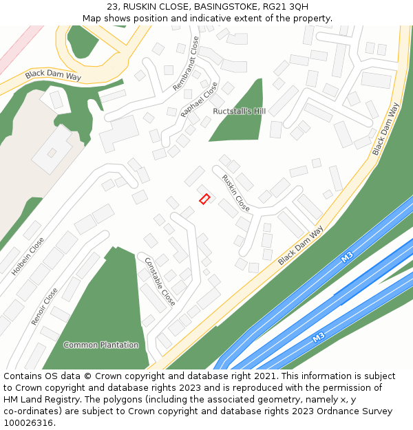 23, RUSKIN CLOSE, BASINGSTOKE, RG21 3QH: Location map and indicative extent of plot