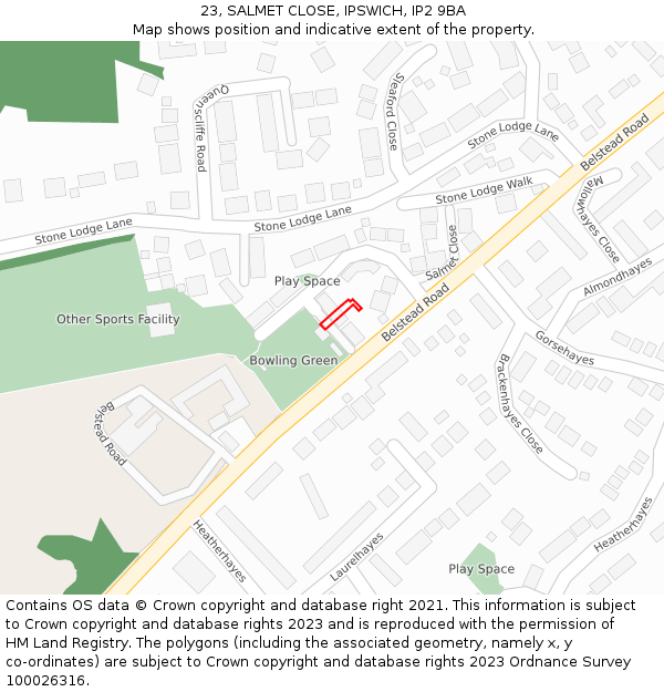23, SALMET CLOSE, IPSWICH, IP2 9BA: Location map and indicative extent of plot