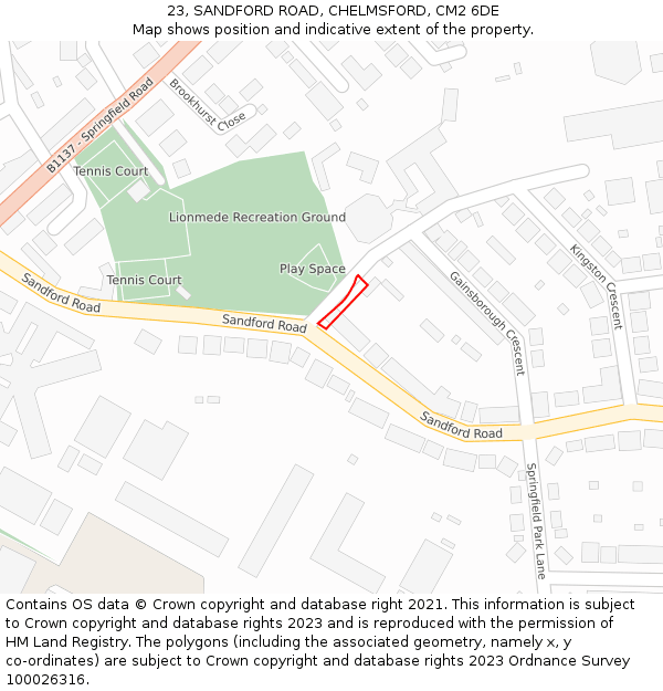 23, SANDFORD ROAD, CHELMSFORD, CM2 6DE: Location map and indicative extent of plot