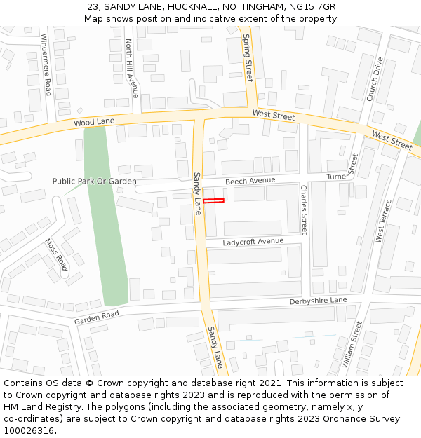 23, SANDY LANE, HUCKNALL, NOTTINGHAM, NG15 7GR: Location map and indicative extent of plot