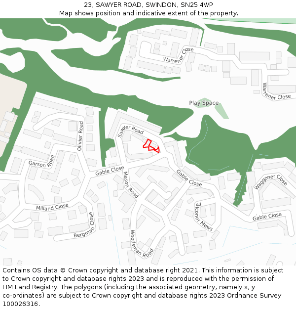 23, SAWYER ROAD, SWINDON, SN25 4WP: Location map and indicative extent of plot