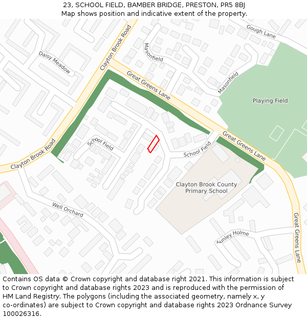 23, SCHOOL FIELD, BAMBER BRIDGE, PRESTON, PR5 8BJ: Location map and indicative extent of plot