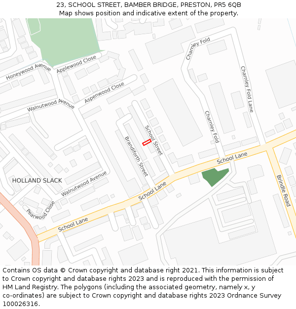 23, SCHOOL STREET, BAMBER BRIDGE, PRESTON, PR5 6QB: Location map and indicative extent of plot