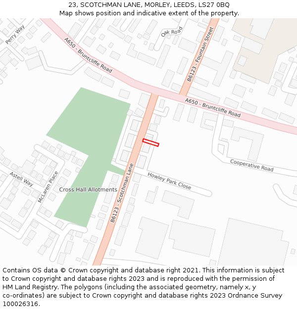 23, SCOTCHMAN LANE, MORLEY, LEEDS, LS27 0BQ: Location map and indicative extent of plot