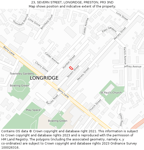 23, SEVERN STREET, LONGRIDGE, PRESTON, PR3 3ND: Location map and indicative extent of plot