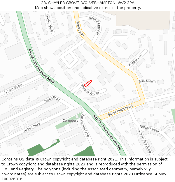 23, SHAYLER GROVE, WOLVERHAMPTON, WV2 3PA: Location map and indicative extent of plot