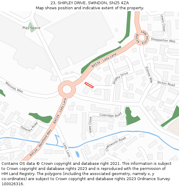 23, SHIPLEY DRIVE, SWINDON, SN25 4ZA: Location map and indicative extent of plot
