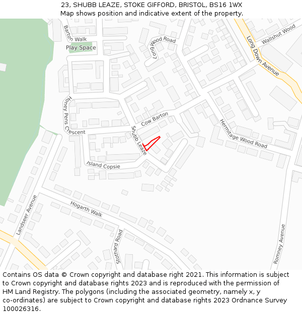 23, SHUBB LEAZE, STOKE GIFFORD, BRISTOL, BS16 1WX: Location map and indicative extent of plot