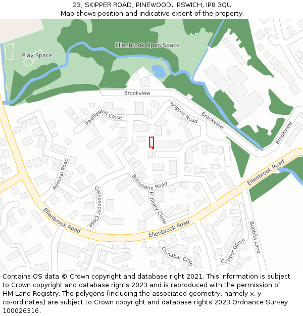 23, SKIPPER ROAD, PINEWOOD, IPSWICH, IP8 3QU: Location map and indicative extent of plot
