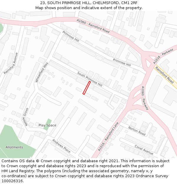 23, SOUTH PRIMROSE HILL, CHELMSFORD, CM1 2RF: Location map and indicative extent of plot