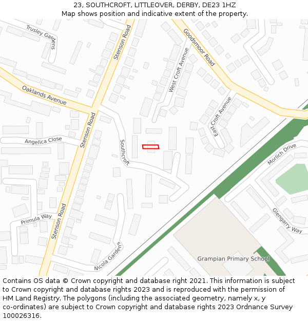 23, SOUTHCROFT, LITTLEOVER, DERBY, DE23 1HZ: Location map and indicative extent of plot