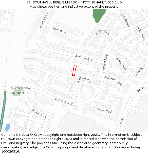 23, SOUTHWELL RISE, GILTBROOK, NOTTINGHAM, NG16 2WQ: Location map and indicative extent of plot