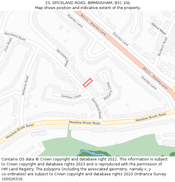23, SPICELAND ROAD, BIRMINGHAM, B31 1NL: Location map and indicative extent of plot