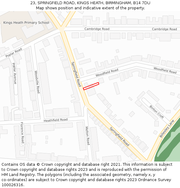 23, SPRINGFIELD ROAD, KINGS HEATH, BIRMINGHAM, B14 7DU: Location map and indicative extent of plot