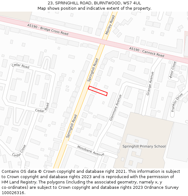 23, SPRINGHILL ROAD, BURNTWOOD, WS7 4UL: Location map and indicative extent of plot