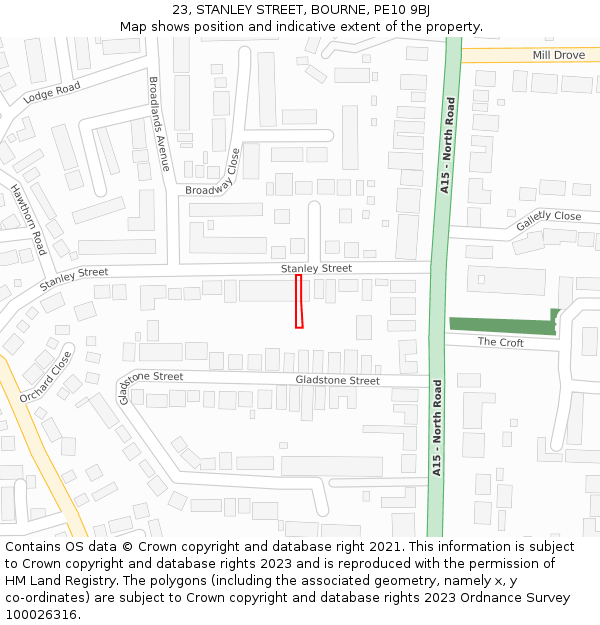 23, STANLEY STREET, BOURNE, PE10 9BJ: Location map and indicative extent of plot