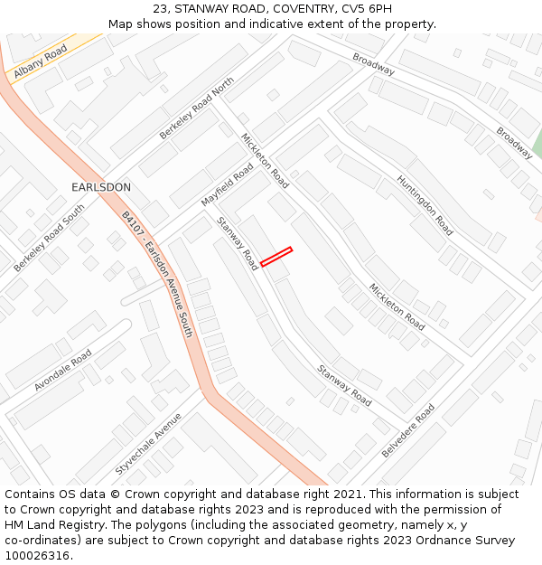 23, STANWAY ROAD, COVENTRY, CV5 6PH: Location map and indicative extent of plot