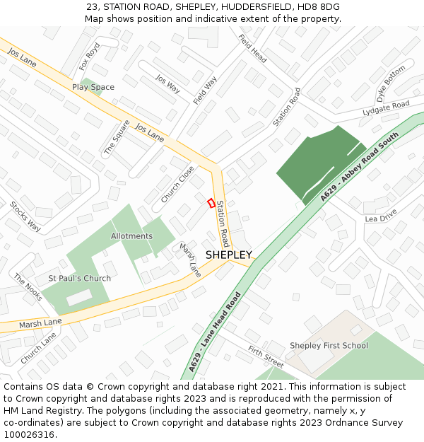 23, STATION ROAD, SHEPLEY, HUDDERSFIELD, HD8 8DG: Location map and indicative extent of plot
