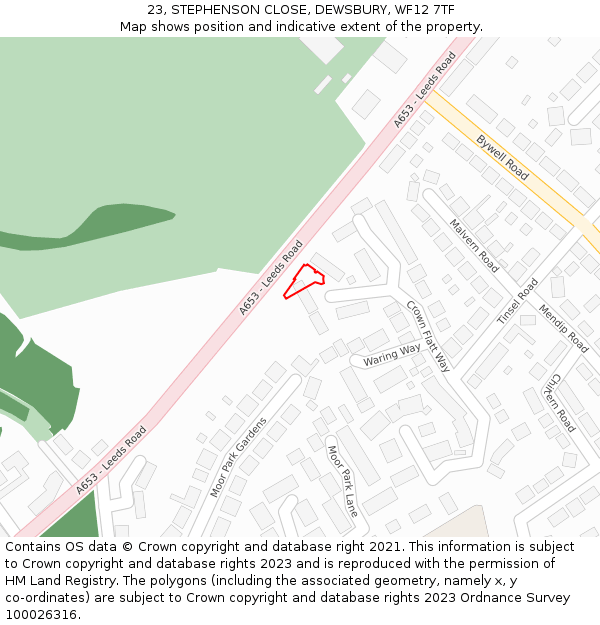 23, STEPHENSON CLOSE, DEWSBURY, WF12 7TF: Location map and indicative extent of plot