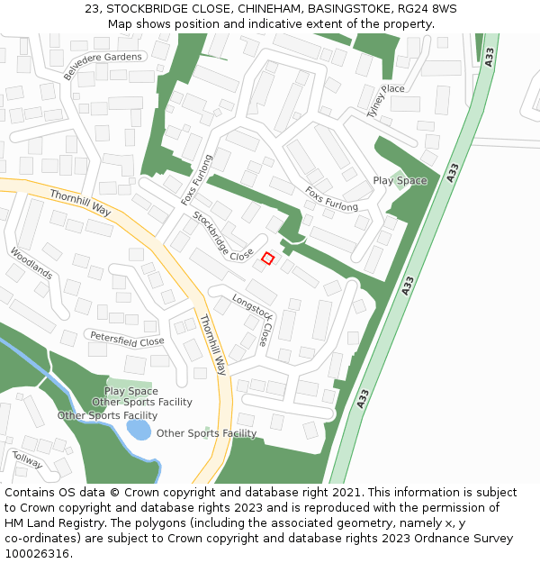 23, STOCKBRIDGE CLOSE, CHINEHAM, BASINGSTOKE, RG24 8WS: Location map and indicative extent of plot