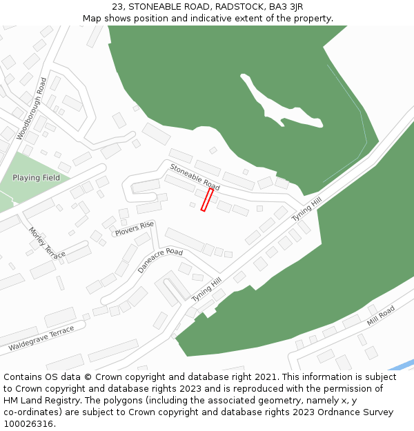 23, STONEABLE ROAD, RADSTOCK, BA3 3JR: Location map and indicative extent of plot